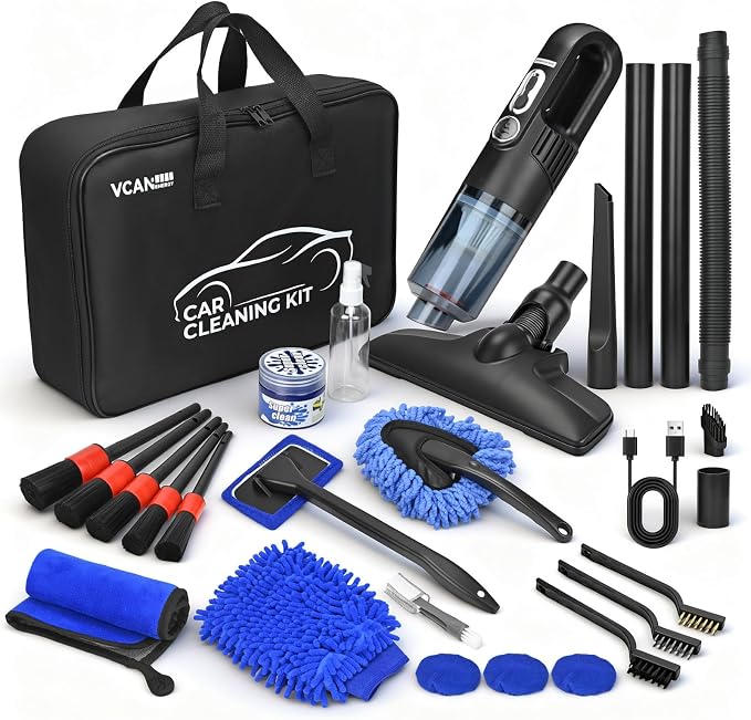 28PCS Car Detailing Kit Interior Cleaner, Car Interior Cleaning Kit with Cordless Handheld Vacuum, 2-in-1 Mop, Interior Car Detailing Brushes, Windshield Cleaner, Car Accessories Gift for Men Women