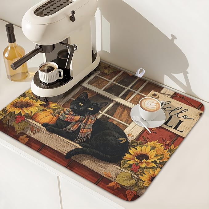 Fall Dish Drying Mat for Kitchen Counter Vintage Autumn Cat Sunflower Pumpkin Microfiber Dish Drainer Mat Rustic Farmhouse Absorbent Washable Drying Pad Extra Large 16"x18"