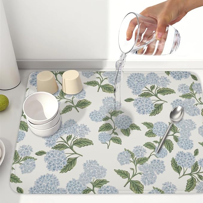 Blue Hydrangea Floral Dish Drying Mat for Kitchen Counter Spring Summer Vintage Flower Microfiber Dish Drainer Mat Rustic Farmhouse Absorbent Washable Drying Pad Extra Large 18"x24"