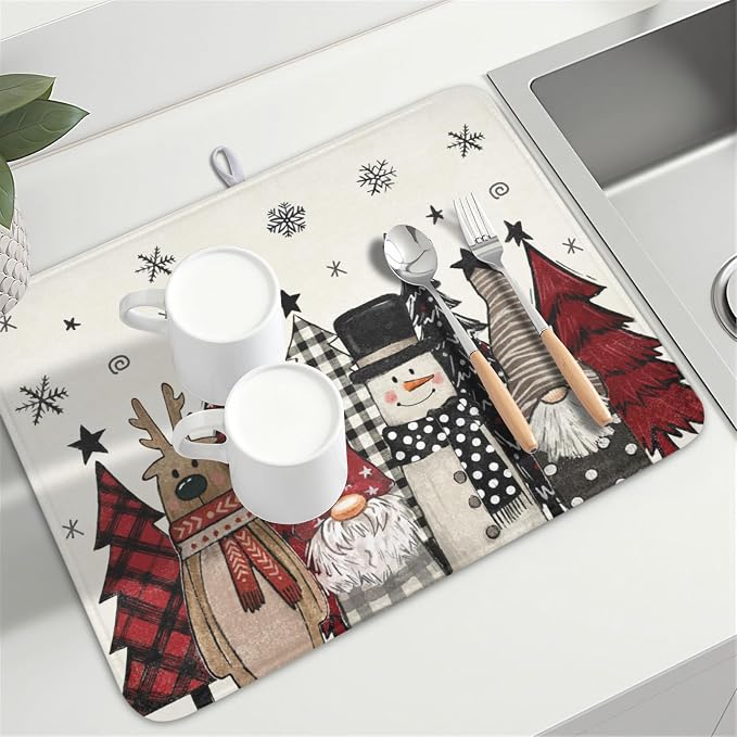Giwawa Winter Snowman Gnome Dish Drying Mat Xmas Tree Dishes Pad 18"x24" Microfiber Fast Dry Dish Drainer Rack Mats Kitchen Countertop Accessories