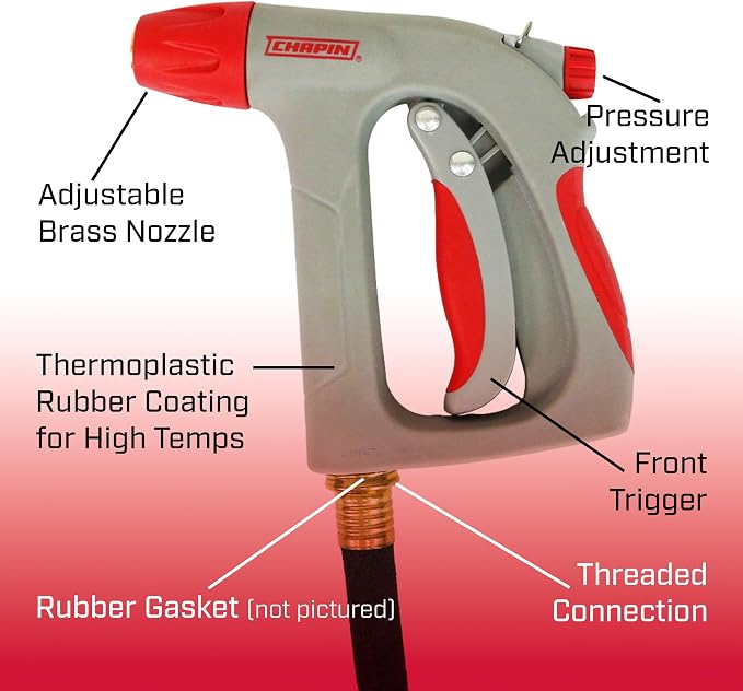 Chapin 4695: Industrial High Temp, High Pressure Front Grip Spray Nozzle with Threaded Connection, Rated Up to 160°F and 125 PSI, Red/Black