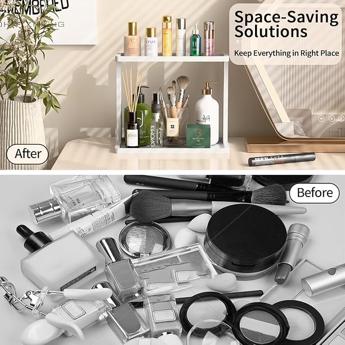 PEKER Bamboo Bathroom Organizer Countertop – Small Vanity Storage Shelf for Makeup, Perfume, Skincare – Natural Cosmetics Display Rack for Dresser, Sink, Kitchen –White