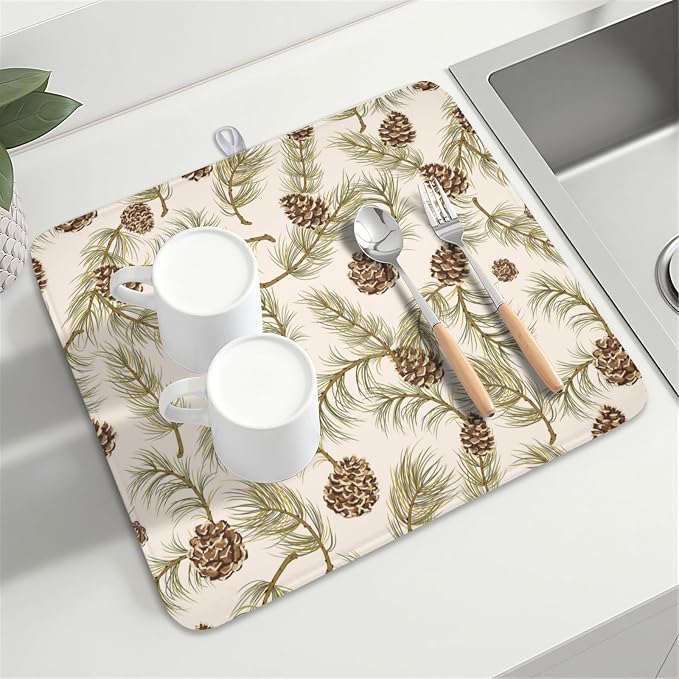 Winter Pine Cone Dish Drying Mat for Kitchen Counter Christmas Pinecone Pine Tree Branches Dish Drainer Mat Xmas Holiday Rustic Absorbent Washable Drying Pad 16"x18"