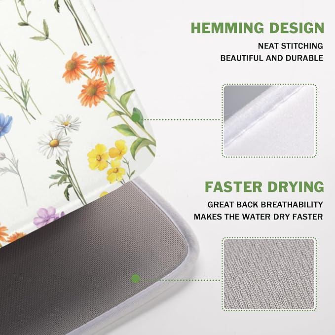 Spring Summer Colorful Floral Dish Drying Mat 16x18 Inch | Wildflower，Polyester，Absorbent Microfiber，for Kitchen Coffee Dining Bar Decor