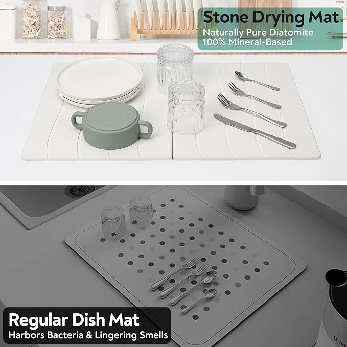 Stone Drying Mat for Kitchen Counter, Quick Diatomaceous Earth Mats for Dishes, Super Absorbent Fast Drying Collapsible Countertop Stone Mat , for Dishes Bottles Cups Bathroom ,24"(L)×16 (W)