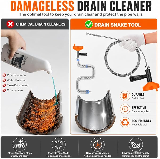33 Feet Drain Snake Auger, Plumbing Snake Drain Hair Clog Removal Tool, Sink Unclogger Drain, Heavy Duty Drum Auger, Cleaner Tool for Bathroom Kitchen Tub Shower Drain Clog Remover with Gloves，Orange