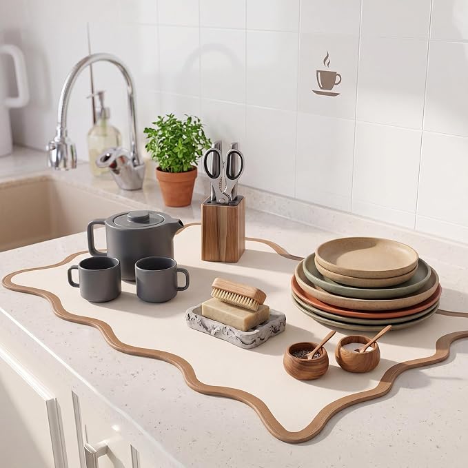 Nuanchu Beige Scalloped Dish Drying Mat for Kitchen Counter, Waterproof Easy Clean Non-slip Coffee Bar Station Accessories, Trendy Cute Aesthetic Modern Drainer Kitchen Drying Mat, 12" x 19"
