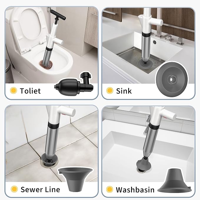 Toilet Plunger, Drain Clog Remover, Plungers for Bathroom, High-Pressure Air Drain Blaster with Real-Time Barometer Powerful Heavy Duty Toilet Snake for Sink, Floor, Kitchen Clogged