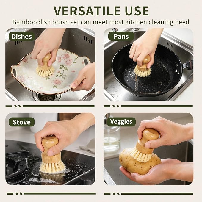 Bamboo Dish Brush Set - 3 Pcs Natural Scrub Brush with Holder, Wooden Dish Scrubber with Sisal Bristle for Cleaning Dishes, Pans and Vegetables