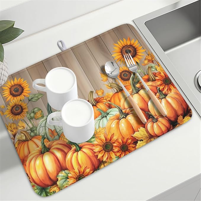 Fall Orang Pumpkin Dish Drying Mat for Kitchen Counter 18 x 24 Inch Autumn Sunflower Dish Drainer Mat Absorbent Microfiber Thanksgiving Wooden Dish Rack Pad for Coffee Dining Bar Decor