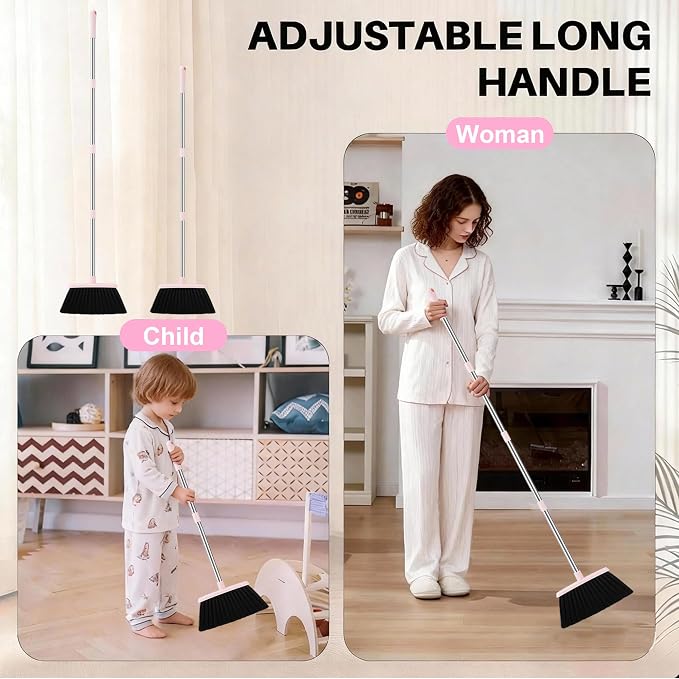 BSKLIN Broom and Dustpan Set, 52” Long Adjustable Handle Broom with Dustpan Combo Set with Dust Pan Teeth to Clean Hair for Home Lobby Office Kitchen (Small-Pink-Purple)