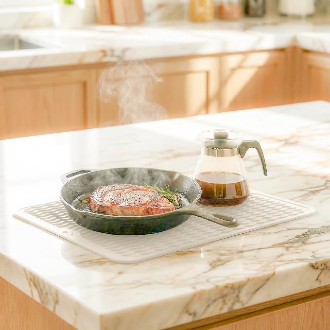 MicoYang Silicone Dish Drying Mat — Quick-Dry Ridges Counter & Sink Pad, Heat-Resistant Trivet to 450°F, Non-Slip & Dishwasher Safe, Roll-Up Storage, 18 Colors & 9 Sizes (White, 16"×12")