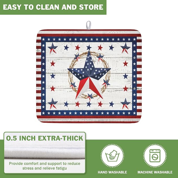 4th of July Patriotic Dish Drying Mat for Kitchen Counter Vintage Red and Blue Star Microfiber Dish Drainer Mat Country Absorbent Washable Drying Pad 16"x18"