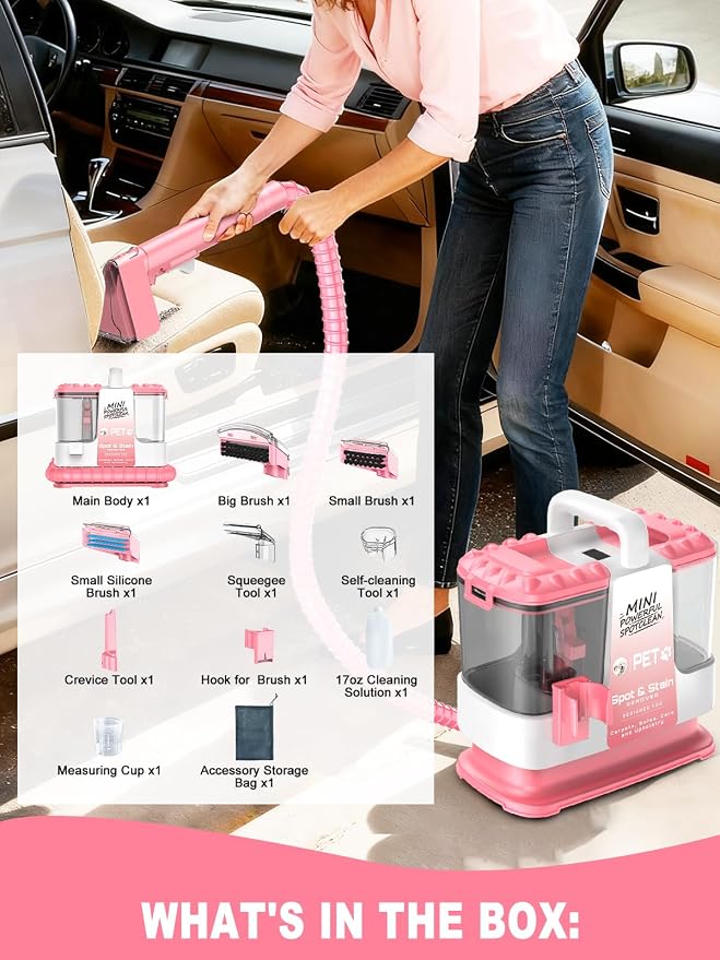 Portable Carpet & Upholstery Cleaner Machine for Pets, Powerful Suction Spot Cleaner for Couch, Sofa, Rugs, Stairs & Car Interior, Lightweight Deep Stain Remover with Cleaning Solution, Pink
