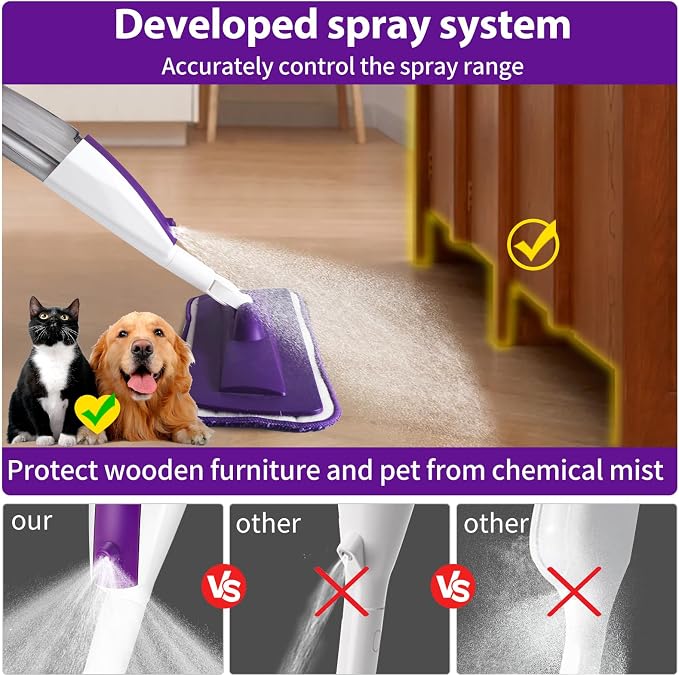 Wet Spray Mop for Floor Cleaning with 14 oz Bottle & 3 Microfiber Pads | Refillable bottle, washable pads, dry/wet use for home or commercial cleaning on hardwood, laminate, wood & ceramic floors