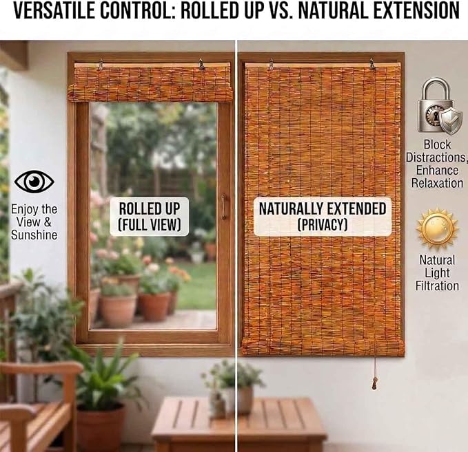 Bamboo Roller Shades for Outdoor Patio, Blackout Roll Up Blinds Cordless Bamboo Blinds for Indoor Windows Waterproof Roman Reed Shades Porch Balcony Outside Privacy Sun Shade(70" W x 72" H)