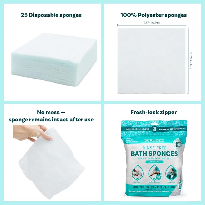 Scrubzz Disposable No Rinse Bathing Wipes for Senstive Skin - 25 Pack - All-in-1 Single Use Shower Wipes, Simply Dampen, Lather, and Dry Without Shampoo or Rinsing (Sensitive Skin, 1-Pack)