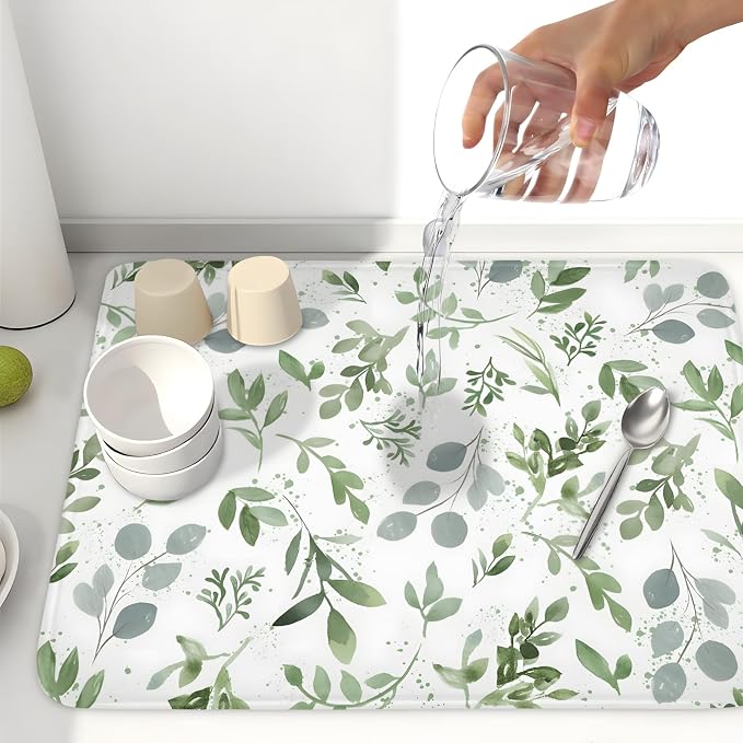 Spring Summer Sage Green Leaves Dish Drying Mat 16x18 Inch | Eucalyptus Leaf，Polyester，Absorbent Microfiber，for Kitchen Coffee Dining Bar Decor