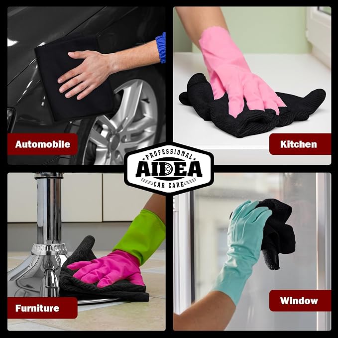 AIDEA Microfiber Cleaning Cloth Black, 600PK, Microfiber Towels for Cars, Shop Towels Cleaning Rags, Premium Wash Cloths, Absorbent Towel for SUVs, House, Kitchen, Commercial, Cleaning Supplies 12×12"