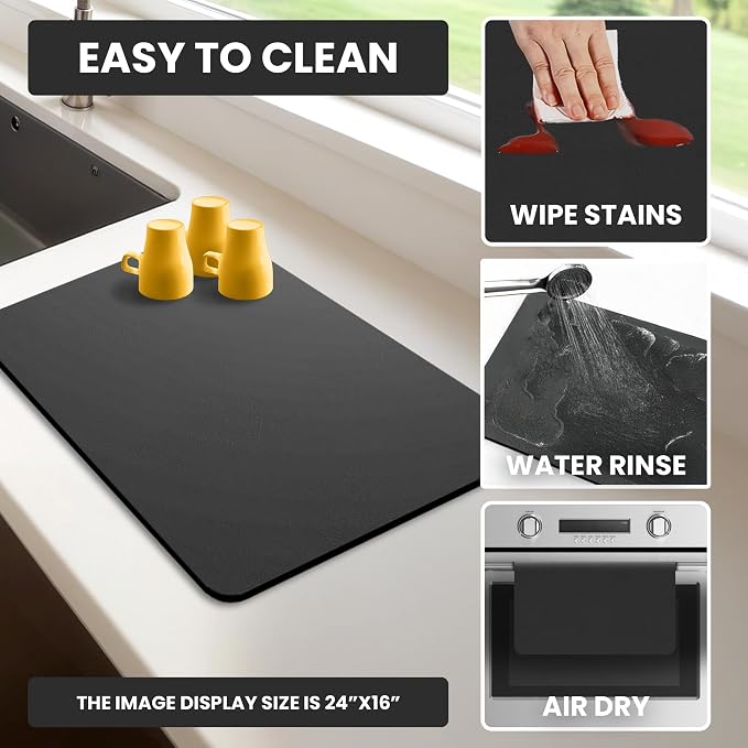 Dish Drying Mat Super Absorbent – 16" x 12" Coffee Mat for Countertops – Non-Slip Drying Mat for Kitchen Counter – Easy to Clean Water Absorbent Mat – Quick Dry Dish Drying Mats (Black)