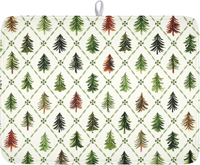 Christmas Dish Drying Mat for Kitchen Counter Xmas Theme Green Trees Dish Drainer Mat Rustic Farmhouse Winter Holiday Absorbent Washable Drying Pad 18"x24"
