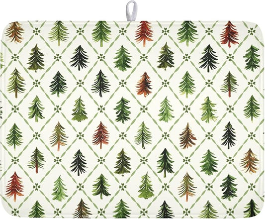 Christmas Dish Drying Mat for Kitchen Counter Xmas Theme Green Trees Dish Drainer Mat Rustic Farmhouse Winter Holiday Absorbent Washable Drying Pad 18"x24"