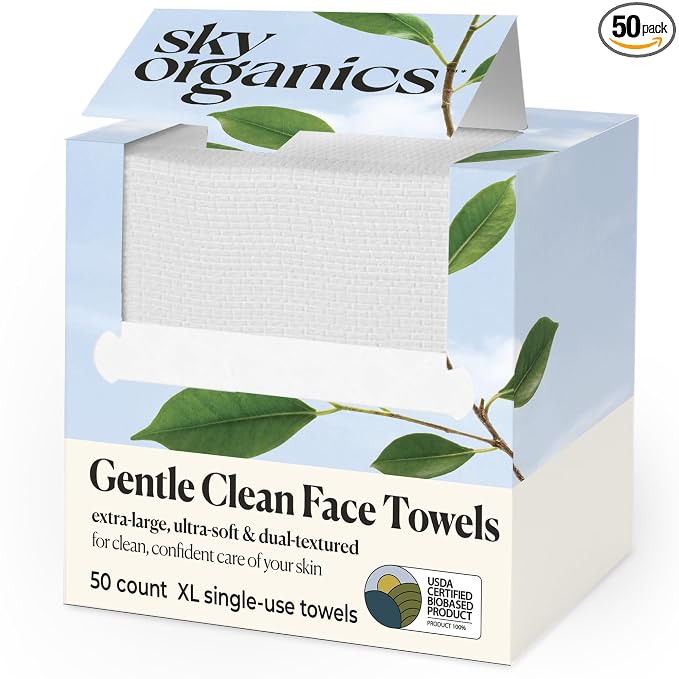 Sky Organics - Gentle Clean Face Towels (1-Pack) - 50 XL Single-Use Face Wipes - Ultra Soft & Dual Textured - Disposable Towel - Makeup Remover Wipes - Cruelty Free - Skin Care Tools - Self Care