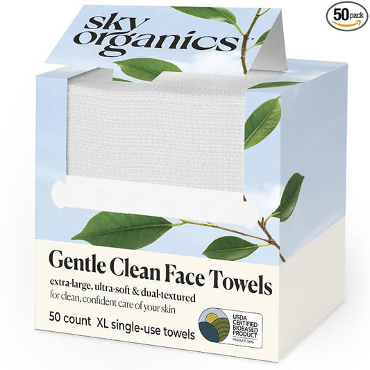 Sky Organics - Gentle Clean Face Towels (1-Pack) - 50 XL Single-Use Face Wipes - Ultra Soft & Dual Textured - Disposable Towel - Makeup Remover Wipes - Cruelty Free - Skin Care Tools - Self Care