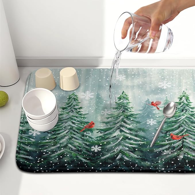 Welcome Winter Pines Tree Dish Drying Mat, Winter Snowflake Dish Drying Mat for Kitchen Counter, Red Birds Absorbent Fast Dry Dish Drainer Mat Protector Xmas Microfiber Dish Drying Pad 16"x18"