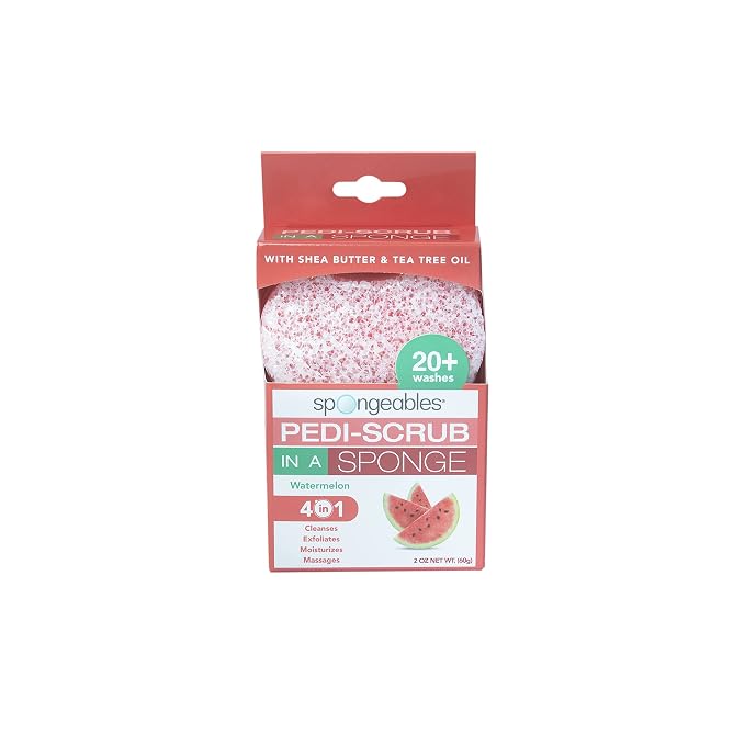 Spongeables Pedi-Scrub Foot Buffer, The Soap is in The Sponge, Contains Tea Tree Oil, Foot Exfoliating Sponge with Heel Buffer and Pedicure Oil, 20+ Washes, Watermelon Scent, 2oz Sponge, 1 Count