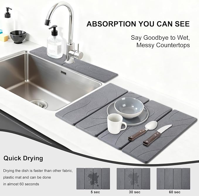 3 PCS Large Stone Dish Drying Mat for Kitchen Counter, Quick Dry Stone Dishes Mats, Sink Faucet Mat, Minimalist Water Absorbing Diatomaceous Earth Drying Pad for Countertop Tableware, Bottles