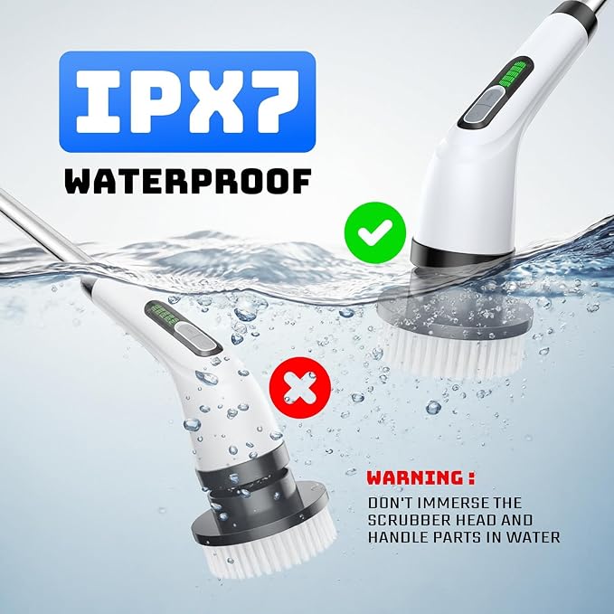 Electric Spin Scrubber for Bathroom: Shower Scrubber with Long Handle | Dual Speed Cordless Power Cleaning Scrub, 7 Brush Heads, IPX7 Waterproof Heavy Duty Cleaner Tools for Tub Tile Grout Wall