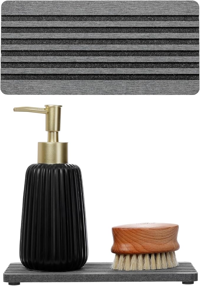 Razborci 2PCS Diatomite Quick Stone Drying Tray Mat For Bathroom & Kitchen Counter, Instant Dry Water Absorbent Drink Bar Coaster,Vanity Sink Caddy Organizer,Dish Soap Sponge Holders, Charcoal,8"x3.8"