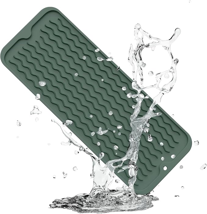 ZLR Small Dish Drying Mat (6" x 17" / 153 x 433mm) - Narrow Silicone Drainer for Kitchen Counter, Apartment & RV - Compact Sponge Holder & Sink Caddy Tray, Non-Slip Food-Grade Silicone (Dark Green)