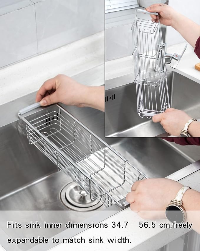 Expandable Kitchen Sink Caddy, 304 Stainless Steel Over the Sink Sponge Holder, Adjustable Drain Rack Organizer for Sponges, Brushes, Dish Soap, Rustproof & Quick-Dry