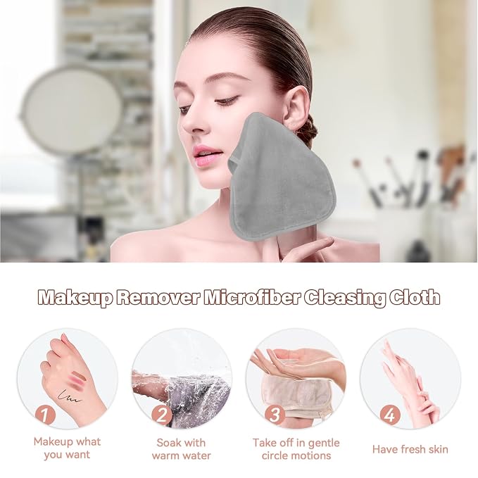 Nugilla Makeup Remover Cloths, 8 Packs Makeup Remover Towels Reusable Face Wash Cloth, Soft Microfiber Face Cloth for Women(Light Grey)