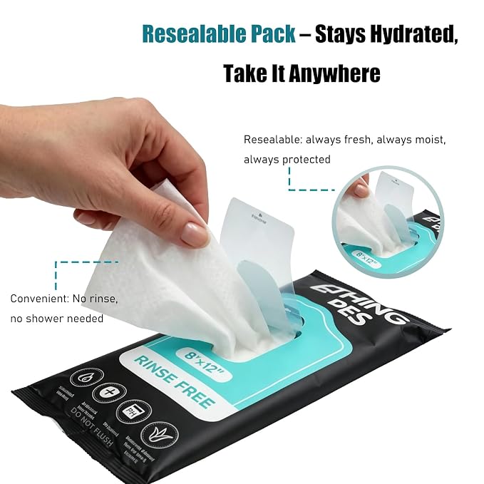 XL No-Rinse Body Wipes for Adults –12 Packs (120 Total) – Oversized, Extra Thick, and Shower-Fresh – Soft, Gentle & Disposable – For Men, Women, and Seniors – Ideal for Camping & Travel（Do Not Flush）