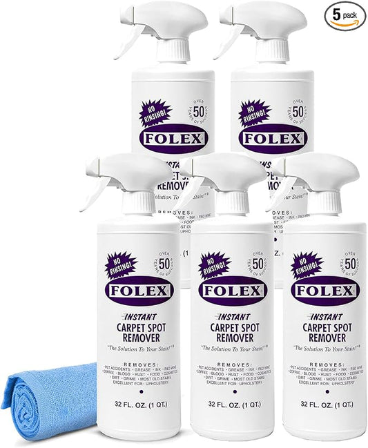 FOLEX Instant Carpet Spot Remover 32 oz – Powerful Stain Remover for Carpets, Upholstery & Rugs – Eliminates Pet Stains, Grease, Red Wine, Food, Makeup & More – With Reusable Cleaning Cloth - 5 Pack