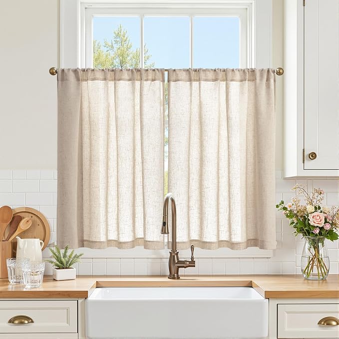 jinchan Linen Kitchen Tier Curtains, 38x36, 2 Panels, Natural | Light filtering, linen blend, rod pocket, farmhouse style, rustic decor, kitchen, bathroom, laundry room, RV, small windows