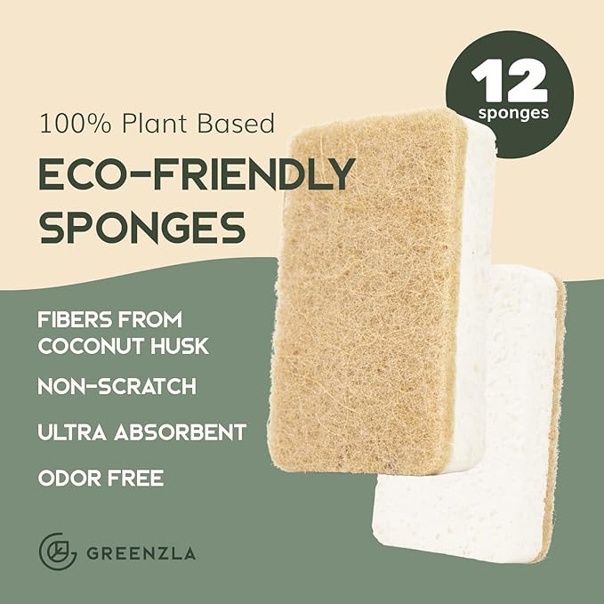 GREENZLA 12 Pack Kitchen Sponges | Non-Scratch Hemp & Sisal | Dual-sided: scrubbing + absorbent cellulose | Odor-resistant | Biodegradable | Dishes, sinks & bathtubs