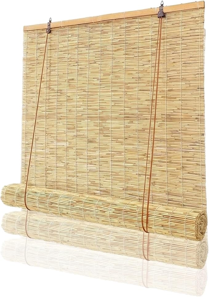 Bamboo Shades for Outdoor Patio, Waterproof Bamboo Blinds, 36" 47" 55" 60" 65" 72" 79" Blackout Reed Roller Shades with Lifter for Porch, Patio, Yard, Windows(Natural B,22" W x 64" H)