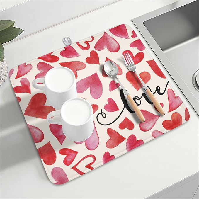 Valentine's Day Red and Pink Heart Dish Drying Mat 16x18 Inch | Polyester，Absorbent Microfiber，for Kitchen Coffee Dining Bar Decor