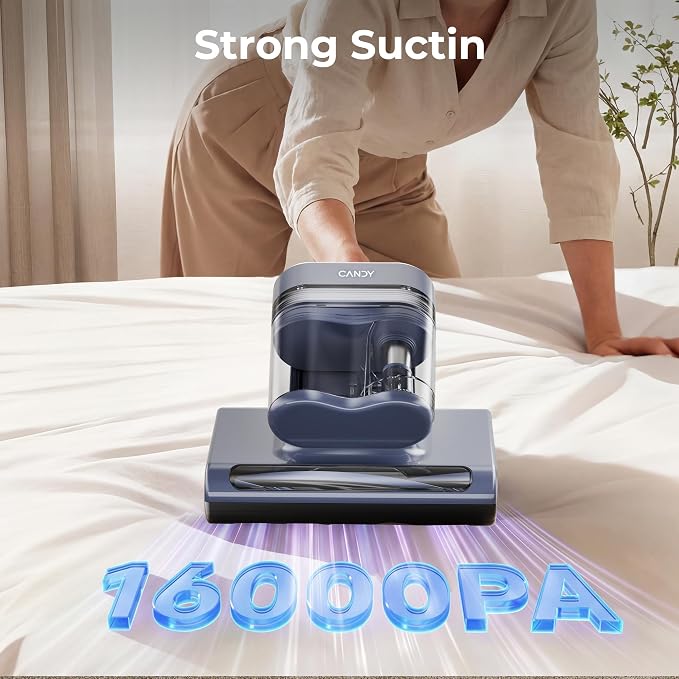 Candy Mattress Vacuum Cleaner, 16Kpa Bed Vacuum Cleaner with UV-C Light, 140°F Heat, 4 Level HEPA Filter & Ultrasonic, Versatile Handheld Vacuums for Bed, Sofa, Couch, Crib(Corded, 650W)