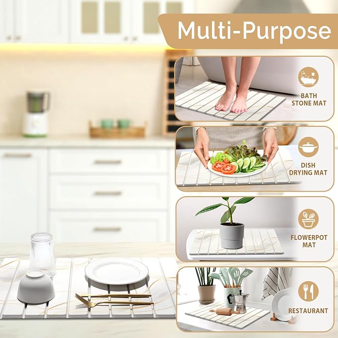Large Stone Drying Mat for Kitchen Counter&Bathroom, Quick Dry Stone Dishes/Bathroom Mat, Foldable Drying Organizer Pad Suitable for Plate Rack Utensils, Apartment Essentials Decor(White Gold 24"×16")