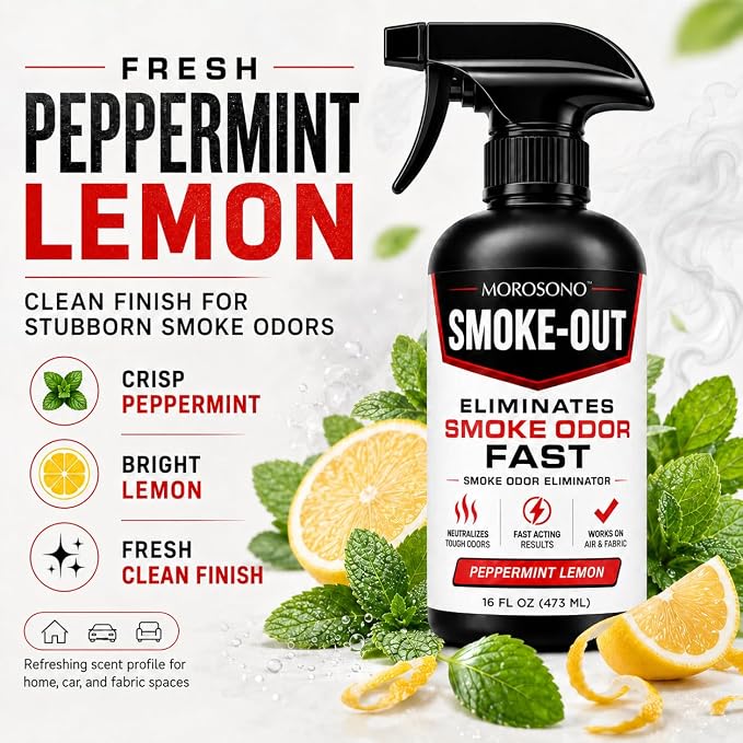 Smoke-Out Smoke Odor Eliminator Spray, 16 oz Peppermint Lemon Deodorizer for Car, Home, Clothes, Fabric, Cigarette, Cigar, Pet and Food Odors