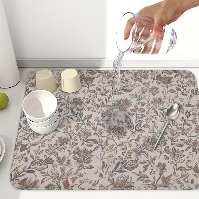 Vintage Floral Dish Drying Mat for Kitchen Counter Brown Antique Flower Microfiber Dish Drainer Mat Rustic Neutral Absorbent Washable Drying Pad Extra Large 18"x24"