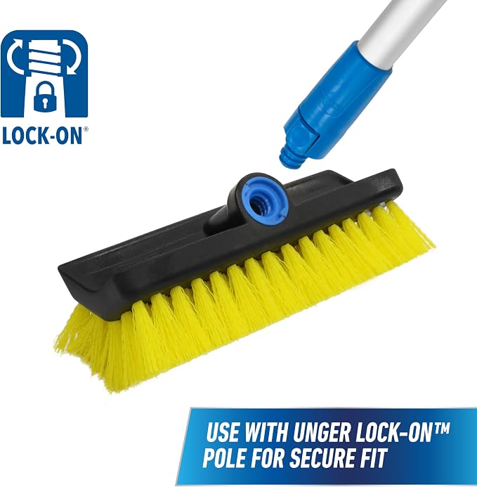 Unger Professional Hydropower Lock-On 10” Bi-Level Scrub Brush, Cleaning Supplies, Scrubber Tool, Compatible with Waterflow Poles, Use in Garage, Driveway, Deck, Concrete, Cement, & Brick(Pack of 12)