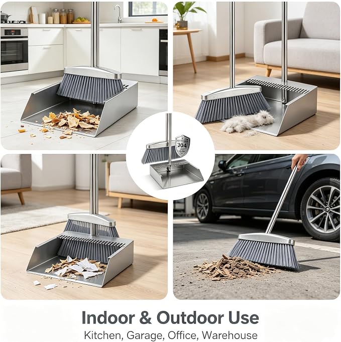 Heavy Duty 304 Stainless Steel Dustpan and Broom Set, Long Handle Self Standing Dust Pan with Wide Mouth Pet Hair Comb Teeth, Indoor Outdoor Cleaning Set for Kitchen Garage Office