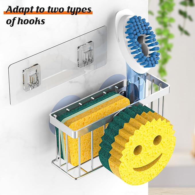 MURLONG Sponge Holder Smiley Face,Sink Caddy for Kitchen Sink,Sponge Holder with 2 PCS Suction Cups/1 PCS Adhesive Strips,Designed for Sponge,Soap,Dish Brush,Scrubber-Silver