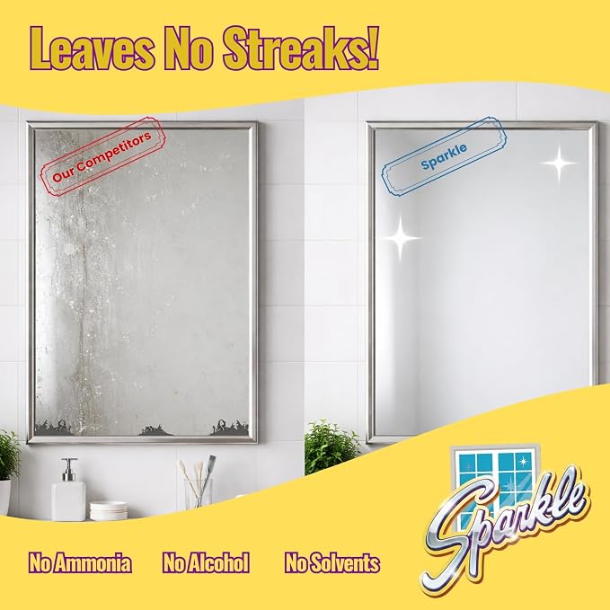 Sparkle Ammonia-Free Glass Cleaner Refill, Heavy Duty Streak-Free Window & Mirror Cleaner Spray, Original Formula, 2L Bottle (Pack of 2)